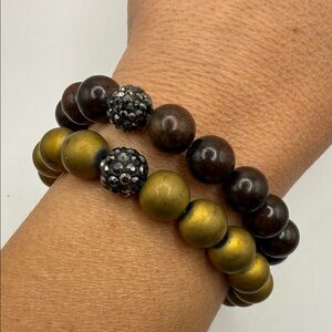 Vintage Erimish Gold Brown Tone Beaded Set of Two Bangle Statement Bracelets